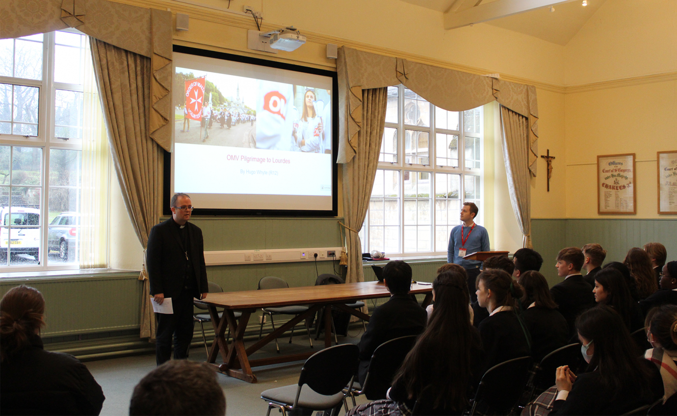 Hugo Whyte (R12) and Fr Michael Patey at Downside School