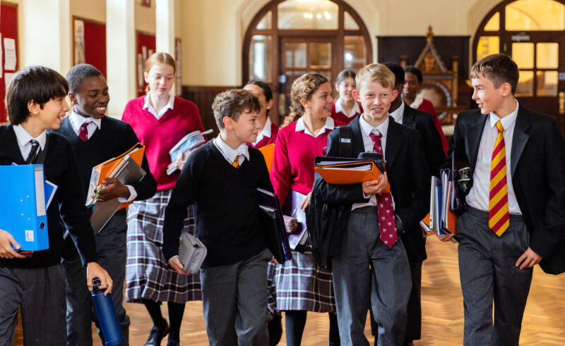 Pupils walking through Downside School corridors